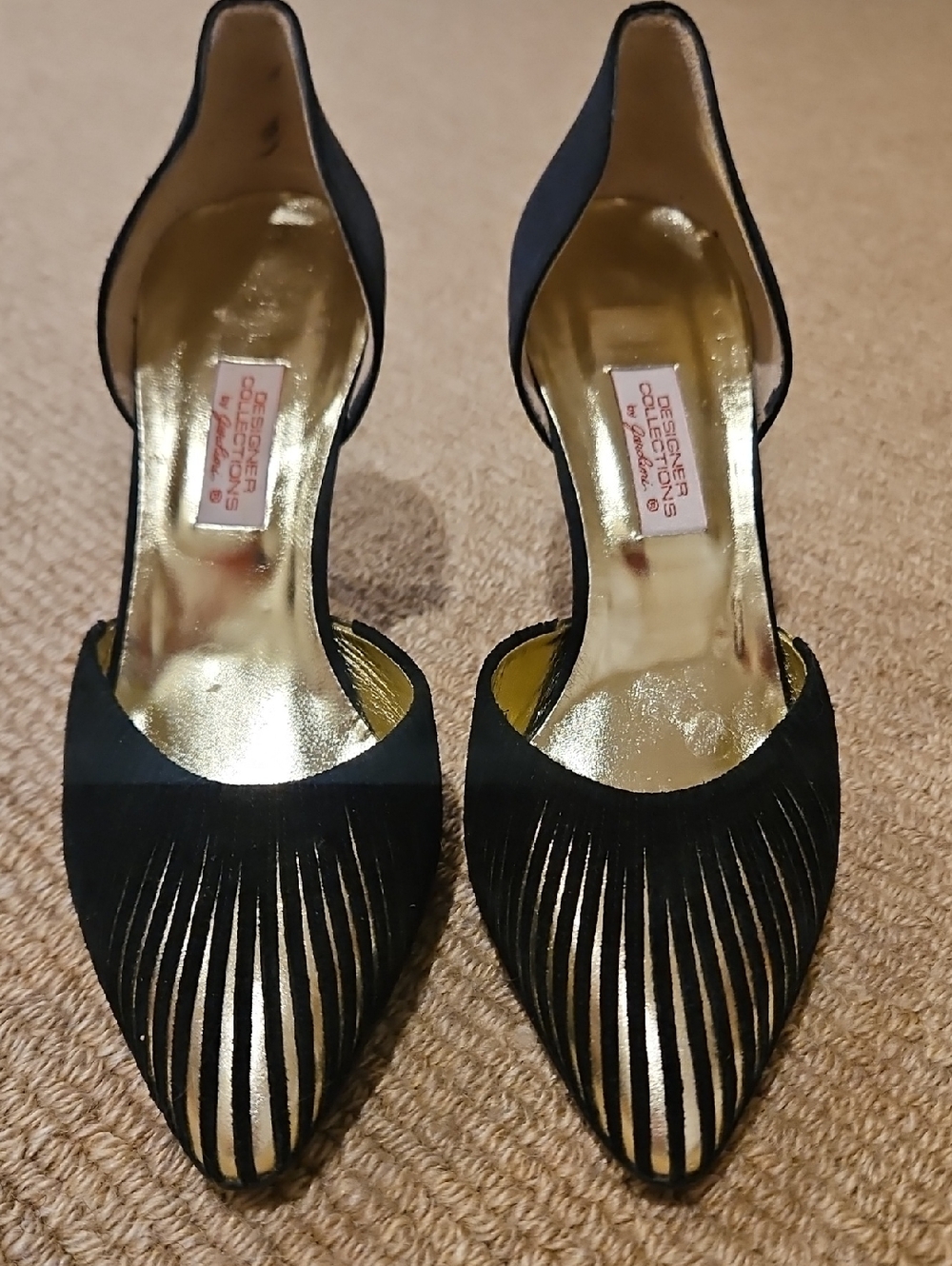 Rare! Never Worn Vintage Garolini Nanette d'Orsay heels Black Gold Leather Suede